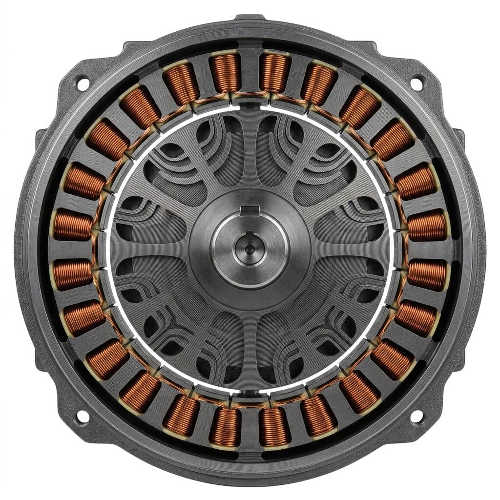Open SynRM industrial motor showing laminated reluctance rotor and copper stator windings